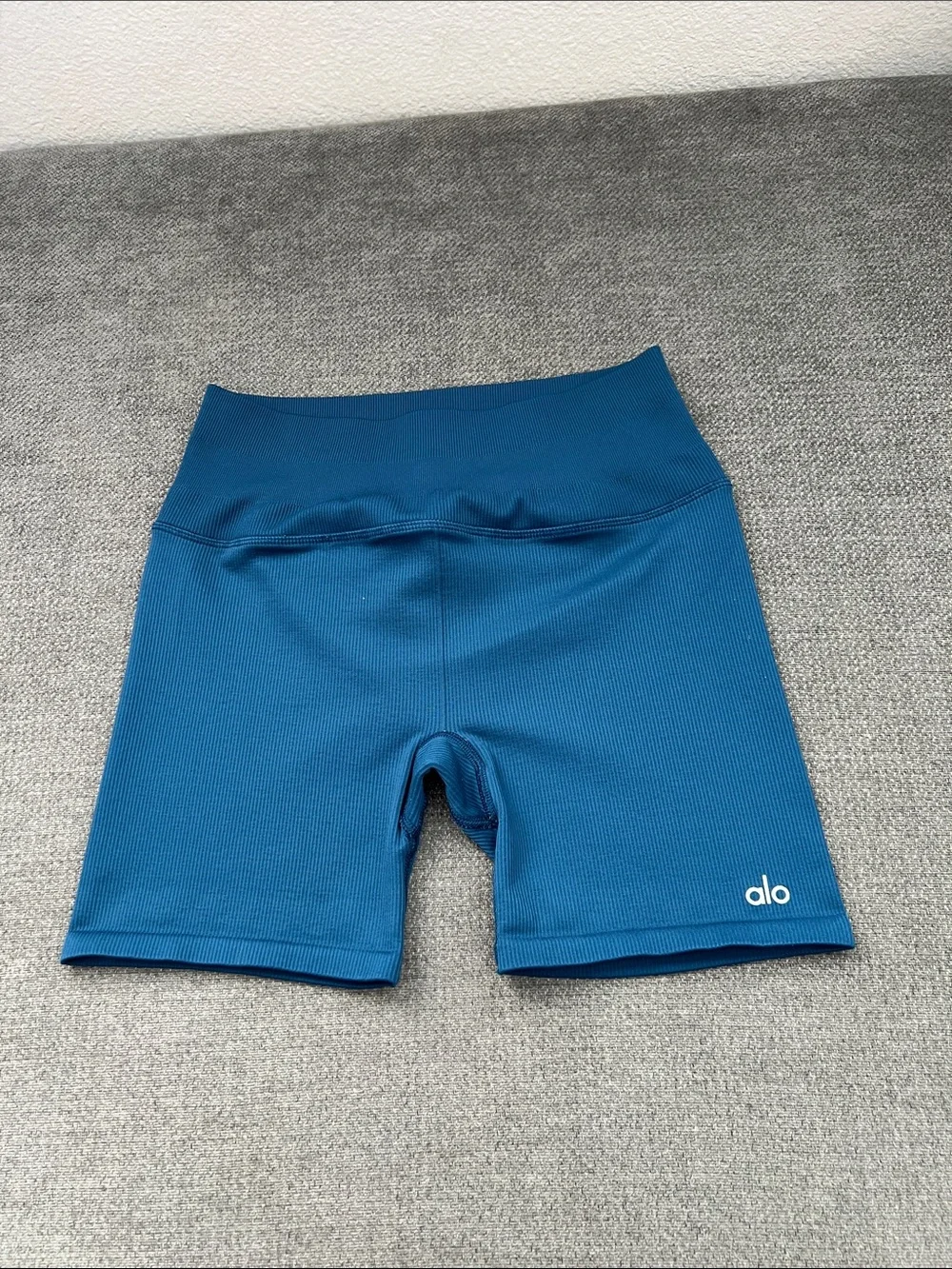 ALO Yoga Ribbed High-Rise Bike Shorts in Teal Blue
